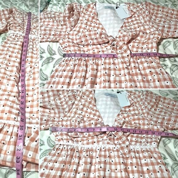 Greylin Dorothy Eyelet Daisy Tie Front Gingham Dress Tiered Peach White S NWT - Picture 13 of 13